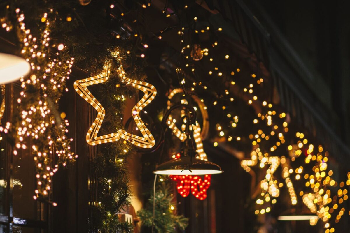 Christmas lights hanging from a house