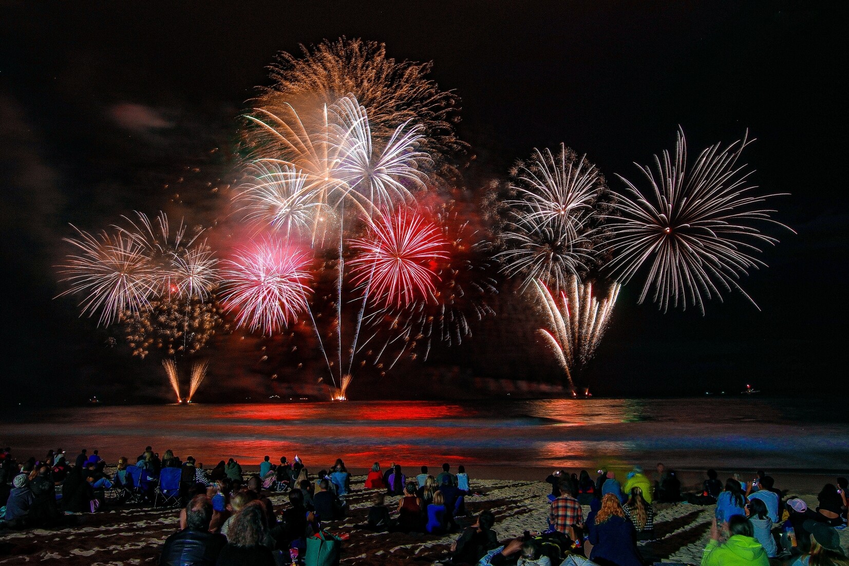 fireworks on the beach at night with a crowd of people